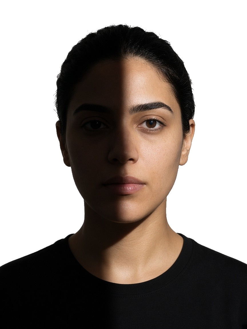 Portrait with a dark shadow covering one side of the face